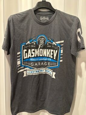 GasMonkey Garage Logo Graphic Tee - Charcoal with Blue & White Print